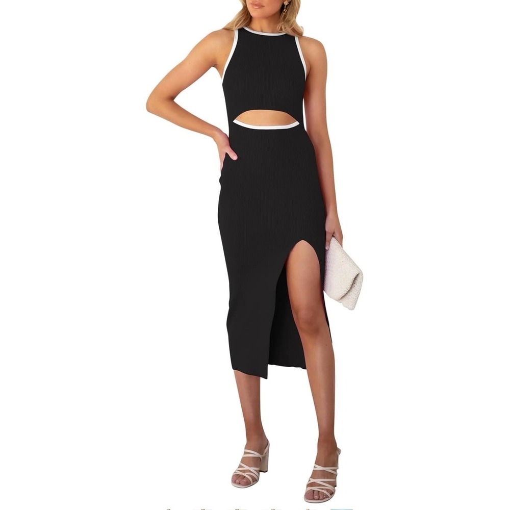 Black Ribbed Knit Cutout Midi Dress with Contrast Trim and Side Slit Womens‎ M